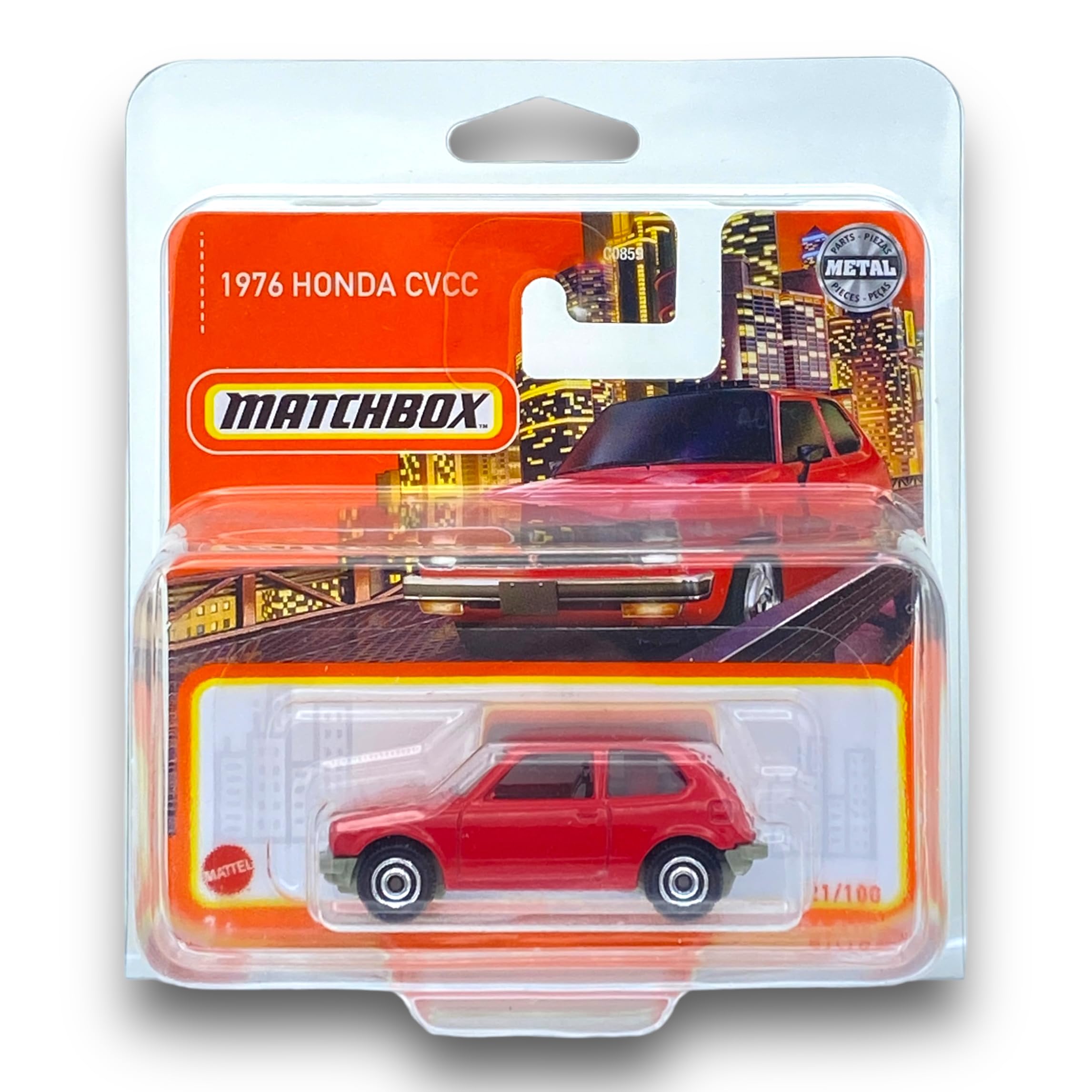 Matchbox 1976 Honda CVCC (Red) - Honda 2022-21/100 (Short Card) - COMES IN A KLAS CAR KEEPER SHORT CARD PROTECTOR CASE - HFR90, MB060