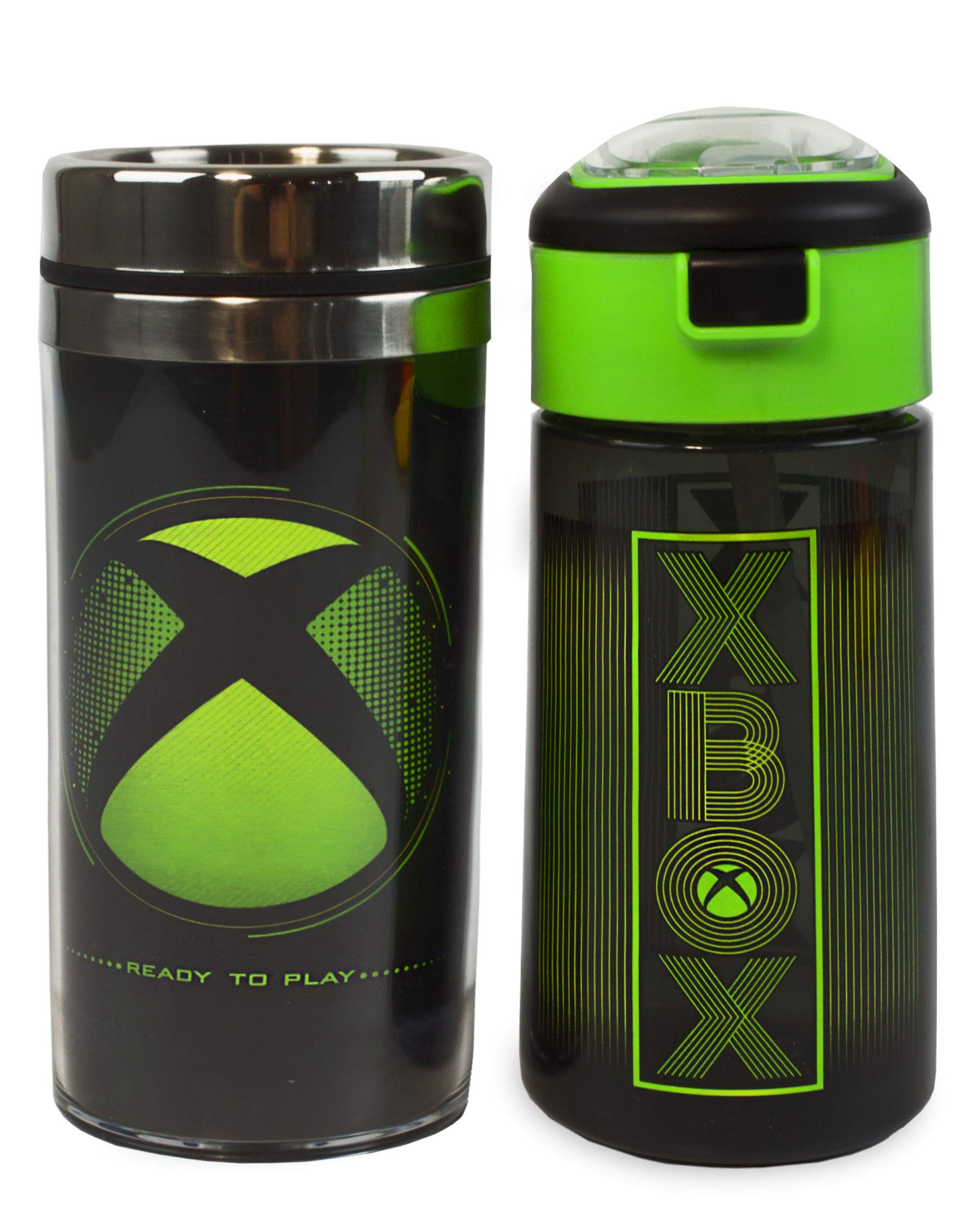 XBOX Water Bottle & Travel Mug Gift Set for Adults & Kids | Gaming Sports Drink 18oz & Stainless Steel Flask 14oz | Black & Green Waterproof Drinking Cups