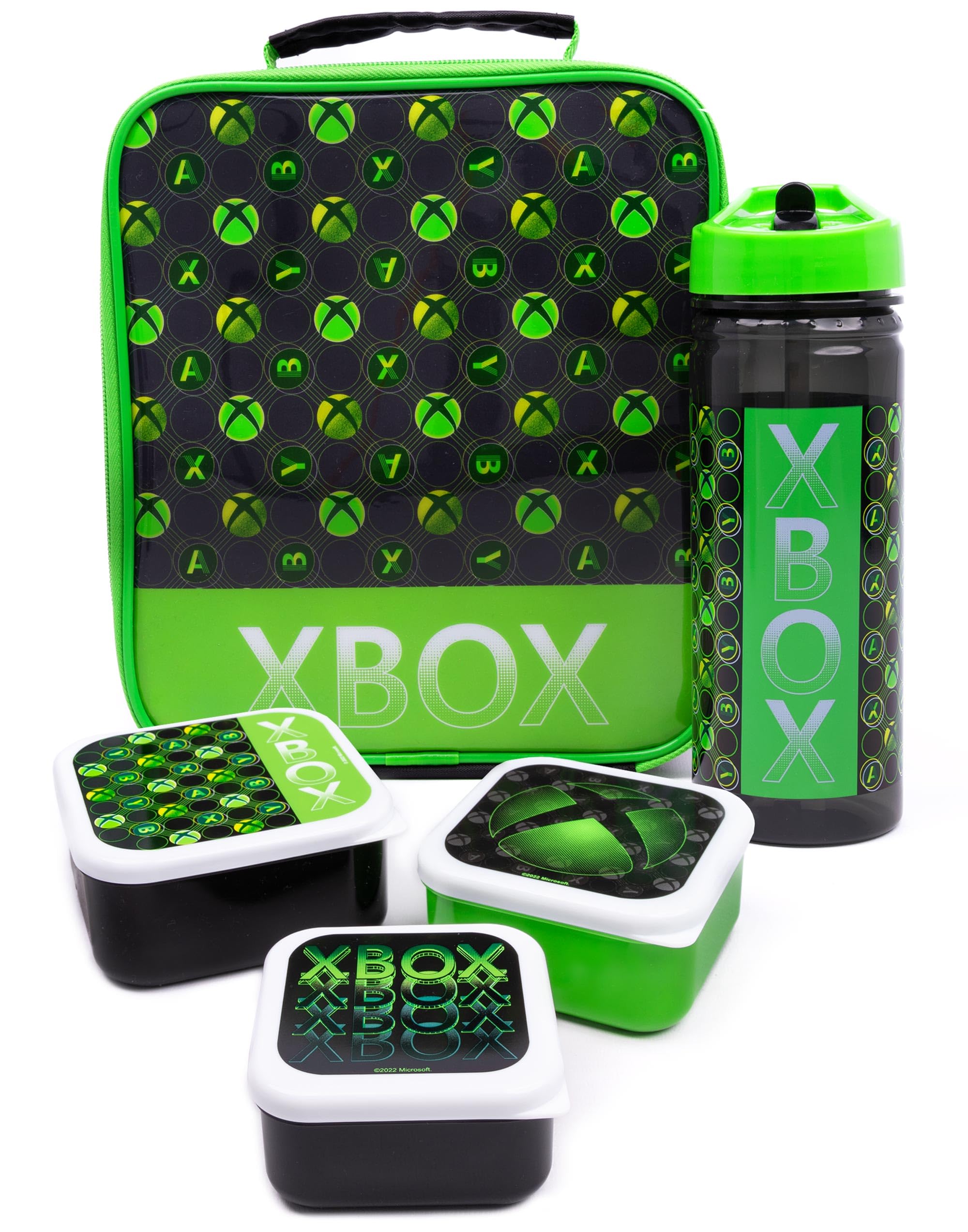 Xbox Lunch Bag for Kids | 5 Piece Game Console Controller Logo School Dinner Bag, BPA Free Water Bottle & 3 Snack Pots | Green Gamer Drink Food Containers