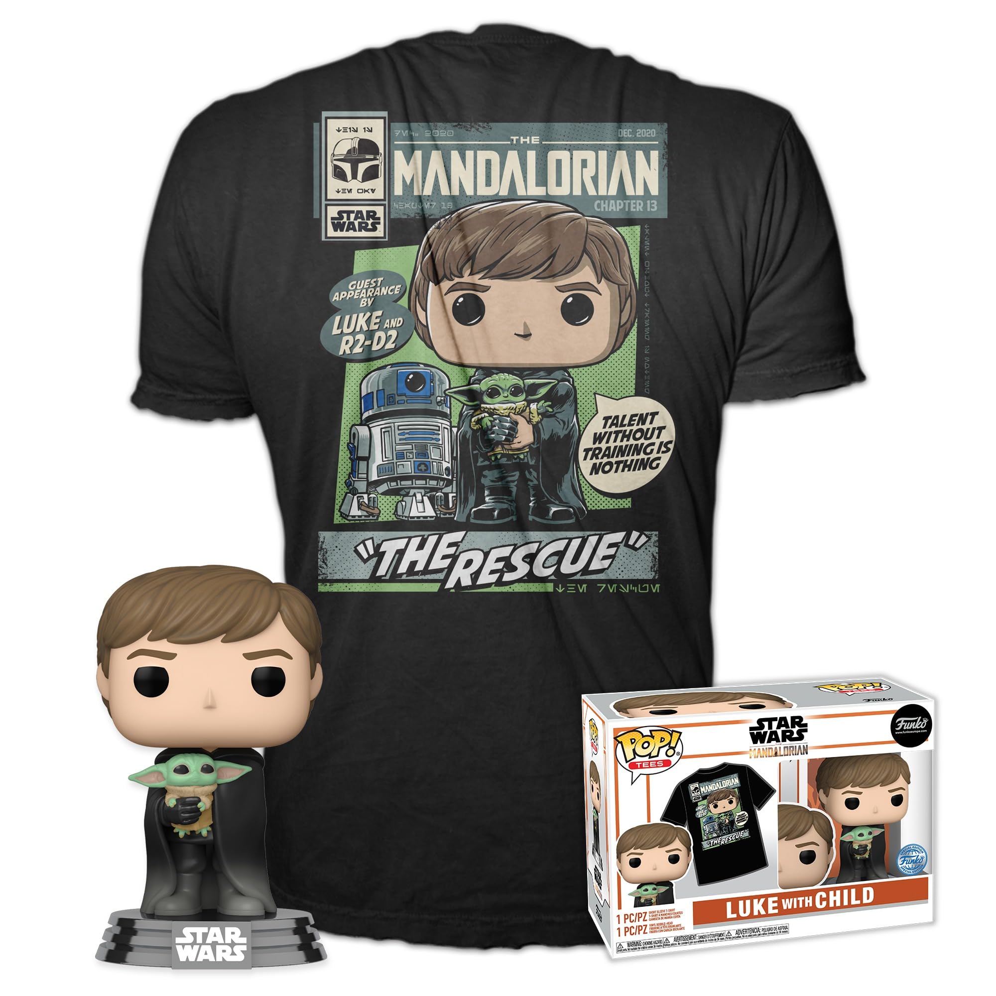 Funko Pop! & Tee: Star Wars: the Mandalorian - Luke With Grogu (the Child, Baby Yoda) - Large - (L) - T-Shirt - Clothes With Collectable Vinyl Figure - Gift Idea - Toys and Short Sleeve Top Unisex