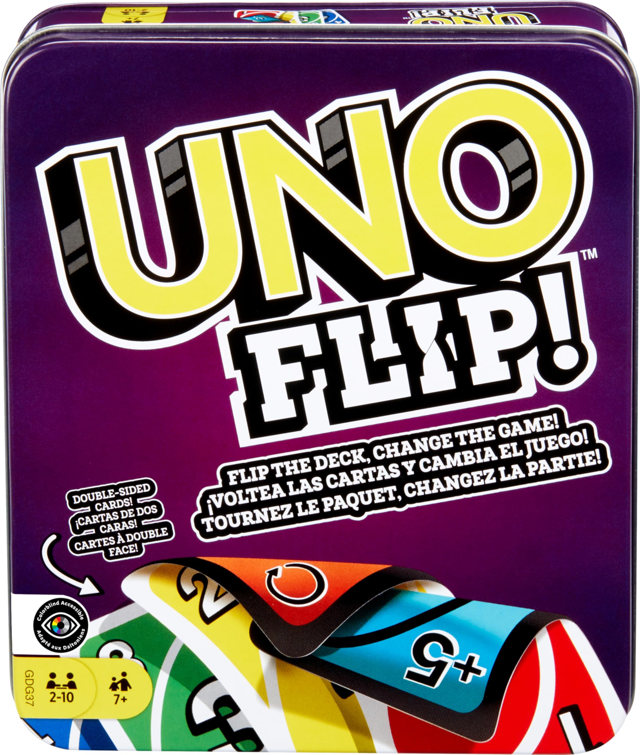 Mattel Games UNO FLIP! Family Card Game, with 112 Cards in a Sturdy Storage Tin, Makes a Great Gift for 7 Year Olds and Up, GDG37