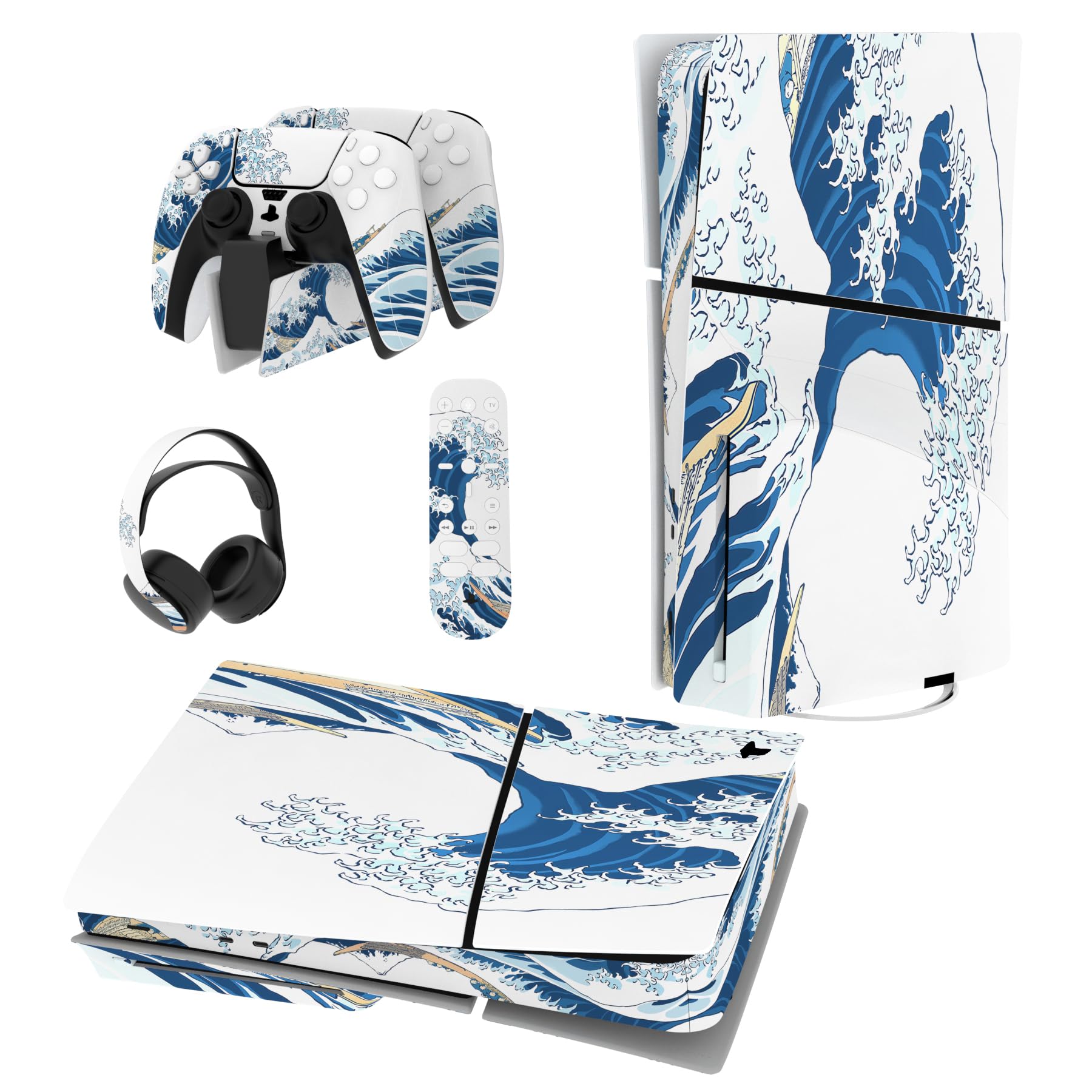 PlayVital Full Set Skin Sticker for ps5 Slim Console Disc Edition (The New Smaller Design), Vinyl Skin for ps5 Controller & Headset & Charging Station & Media Remote - The Great Wave off Kanagawa