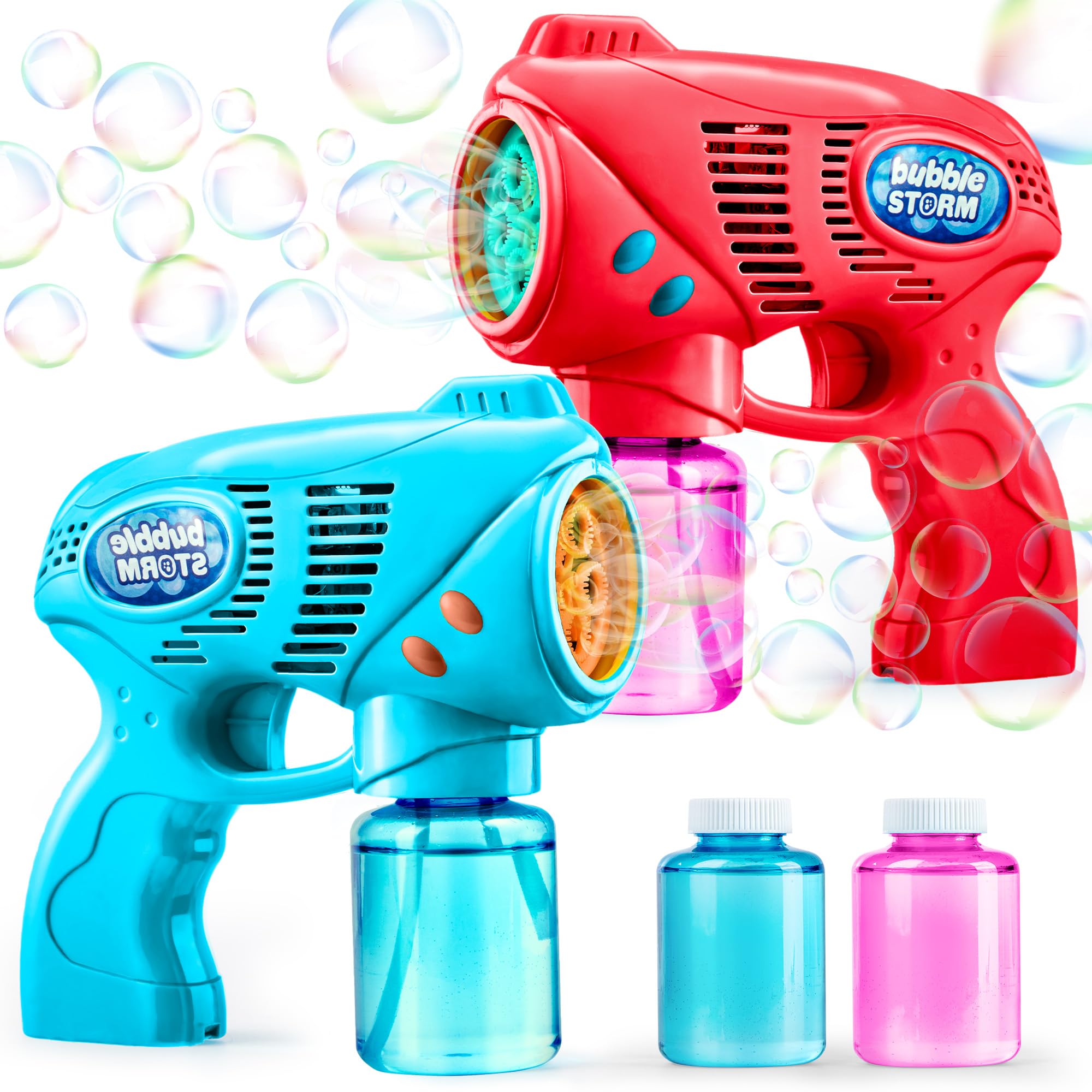 JOYIN 2 Bubble Guns with 2 Bubble Refill Solution (10 oz/294ml Total), Bubbles Maker, Blower, Machine Gun Blaster for Kids, Toddlers, Outdoors Activity, Party Favors, Birthday Gift, Easter (Blue+Red)