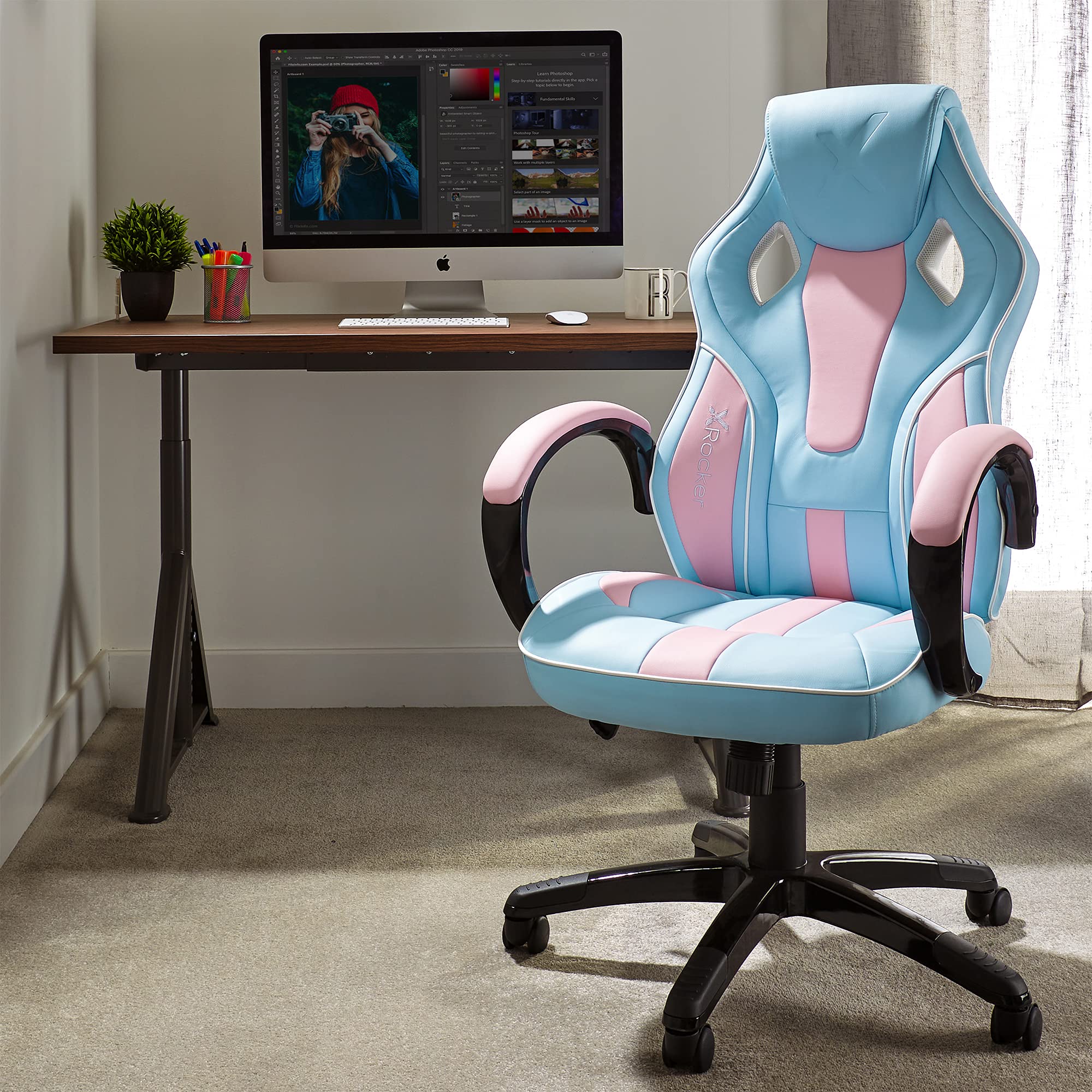 X-Rocker Maverick Gaming Chair, Ergonomic Racing Desk Chair with Armrest, Computer Swivel Chair with Back Support, Adjustable Height, Comfortable Chair with Lumbar Support Curve - BUBBLEGUM EDITION