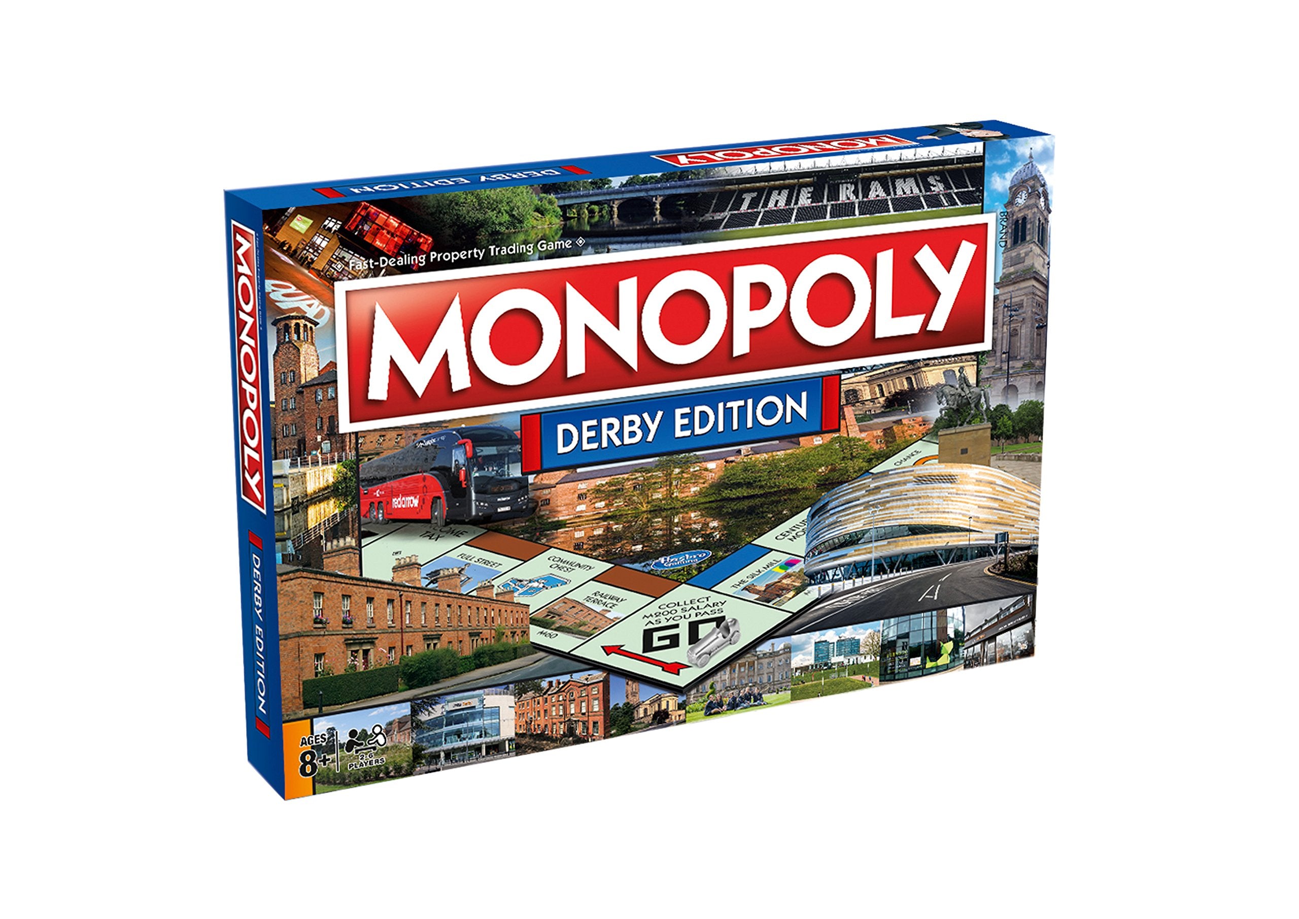 Winning Moves Derby Monopoly Board Game, Advance to Derby Cathedral, Derby County Football Club or The Silk Mill, 2–6 players makes a great gift for ages 8 plus