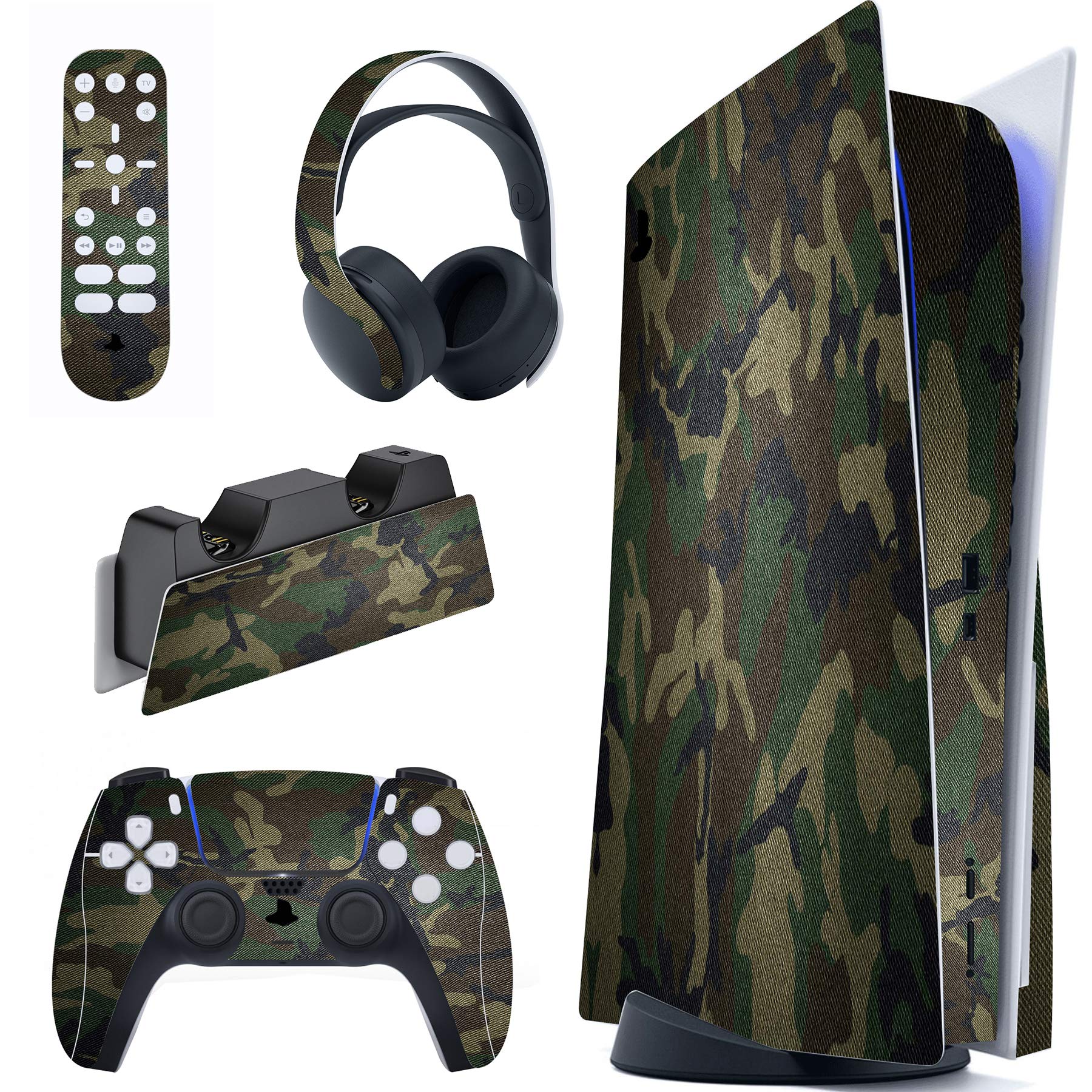 PlayVital Army Green Camouflage Full Set Skin Decal for ps5 Console Disc Edition,Sticker Vinyl Decal Cover for ps5 Controller & Charging Station & Headset & Media Remote