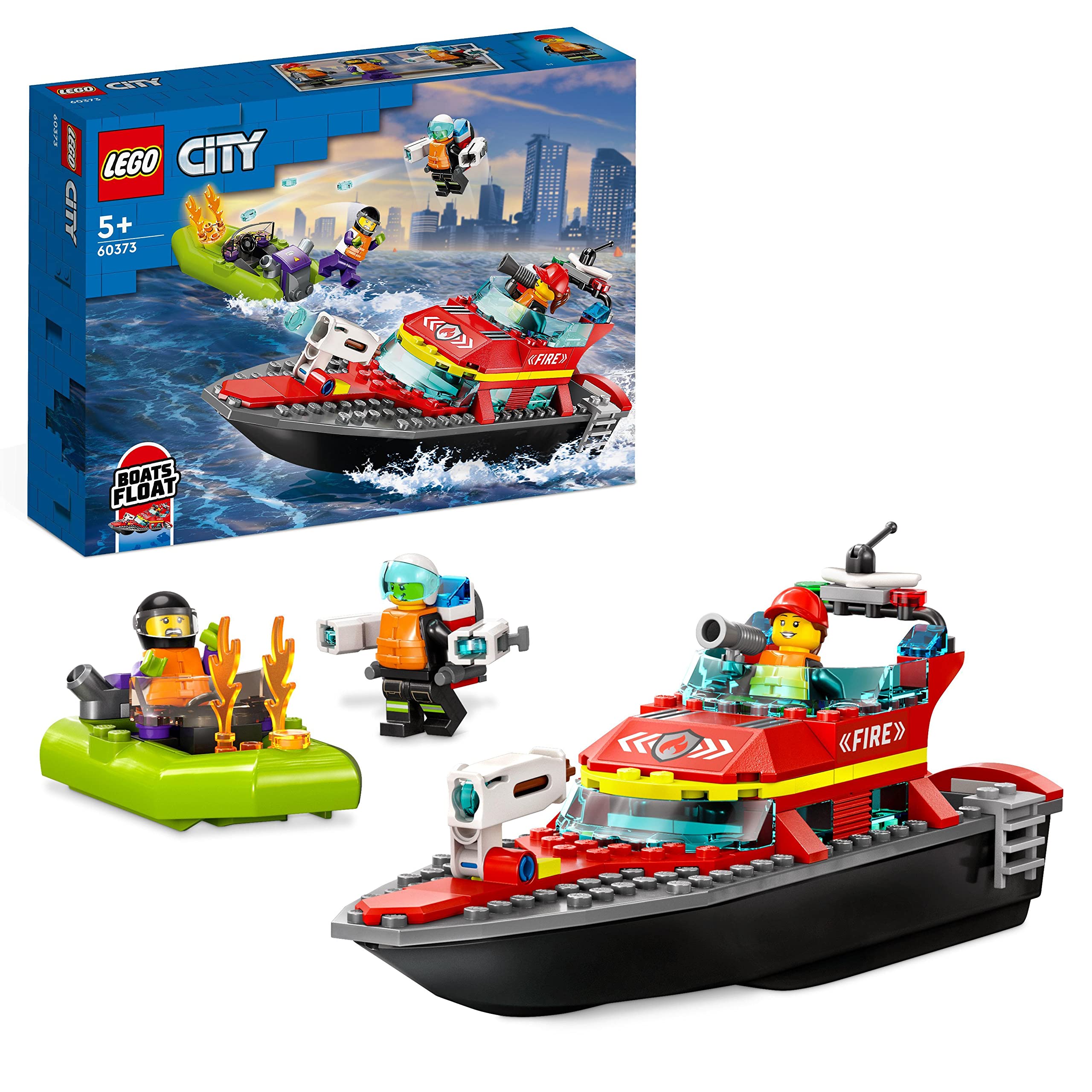 LEGO 60373 City Fire Rescue Boat Toy, Floats on Water, with Jetpack, Dinghy and 3 Minifigures, Everyday Hero Toys for Boys and Girls Aged 5+, Gift Idea