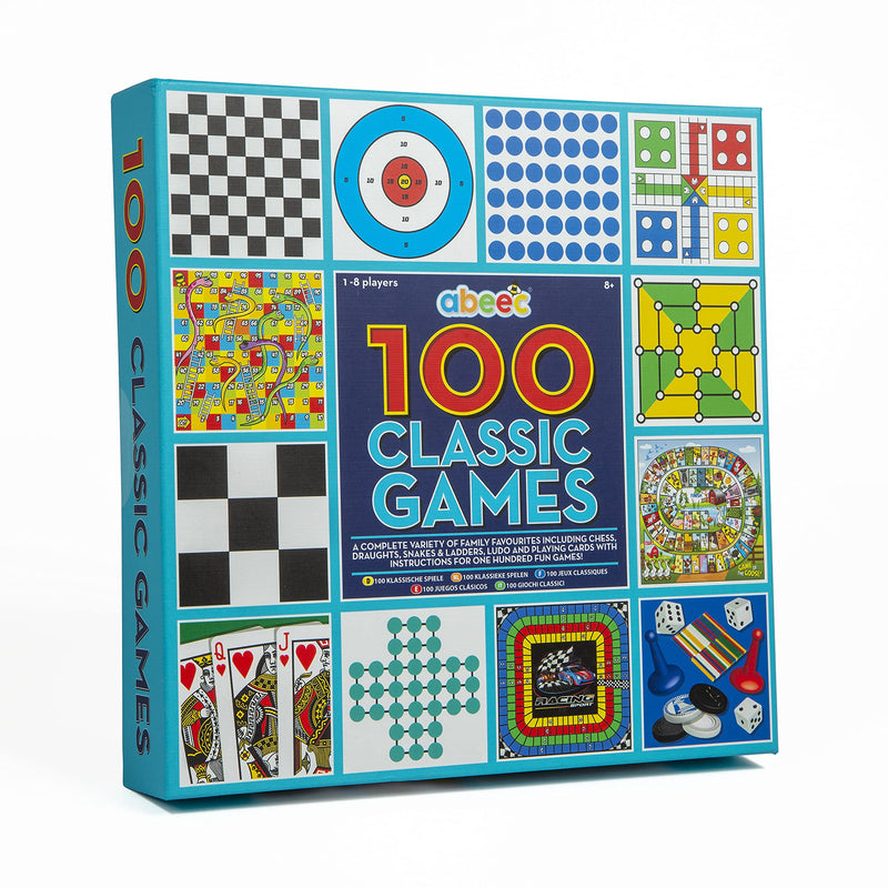 abeec 100 Classic Games Compendium | Collection of Classic Family Board Games | Games Compendium includes Ludo, Chess, Draughts and Playing Cards